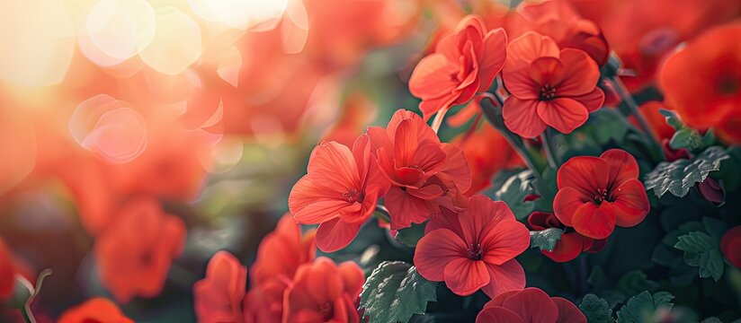 Close up of vibrant red flowers in a garden on the street with selective focus creating a copy space image Capturing the essence of spring on a sunny day in high quality