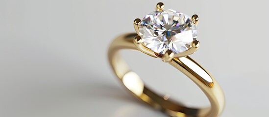 An exquisite close up image of a diamond engagement ring with a brilliant cut diamond on a gold band set against a clean white background ideal for copy space image