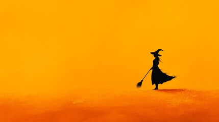 Halloween Witch on Orange Background with Copy Space