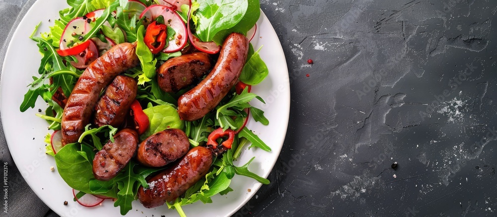 Poster sausage with salad served as an appetizer on a white plate with space available for copy in the imag