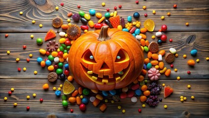 A spooky Halloween pumpkin surrounded by a variety of candy, with copy space , Halloween, pumpkin, candy, trick or treat