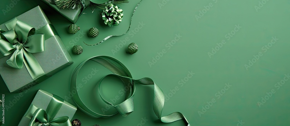 Poster Green background with a lovely ribbon reel and gift box in a flat lay composition featuring copy space image