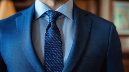 Close-up of a Blue Suit with a Patterned Tie