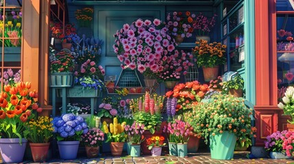 Fototapeta premium Vibrant blooms at florist's entrance.