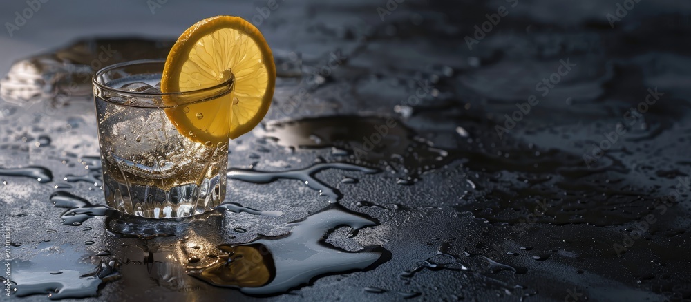 Poster Tequila shot with lemon slice on a dark backdrop suitable for copy space image