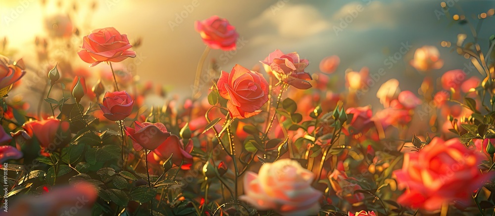 Poster array of blooming roses a serene landscape with vibrant hues perfect for a copy space image