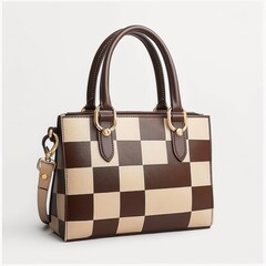 A stylish handbag featuring a checkered pattern in brown and beige tones.