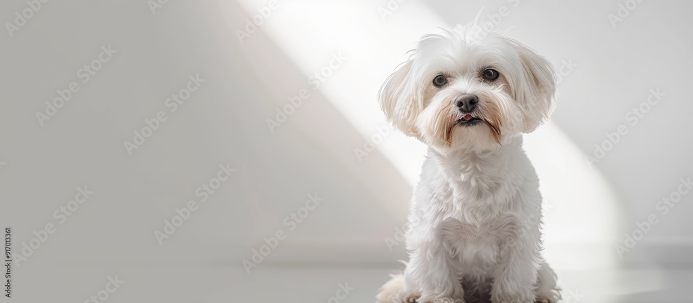 Poster maltese dog sitting and panting gazing at the camera against white background with copy space image