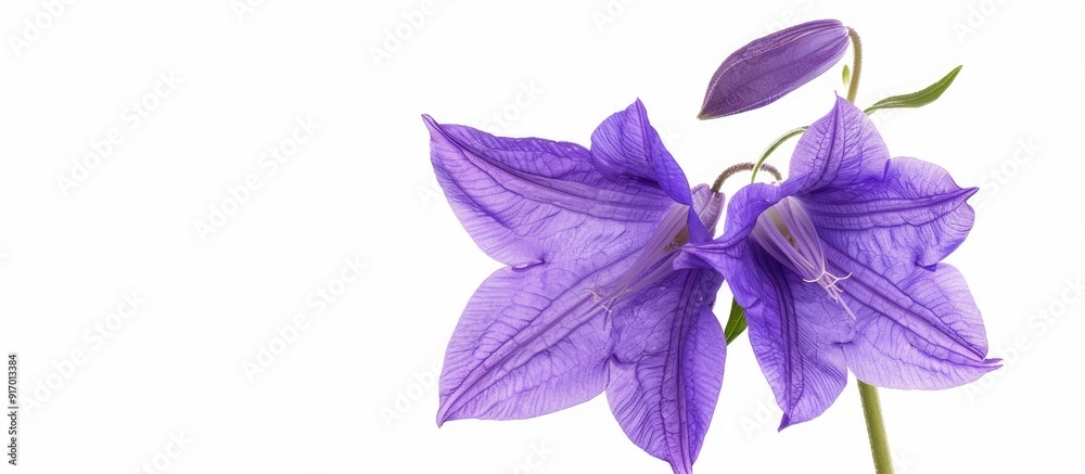 Poster a purple platycodon grandiflorus flower set against a white backdrop with copy space image
