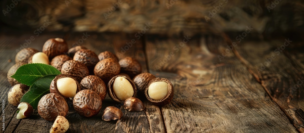 Sticker Macadamia nuts displayed on a wooden table with copy space image