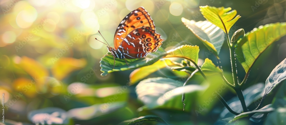 Poster Butterfly resting gracefully on a leaf in a summery setting with ample copy space image