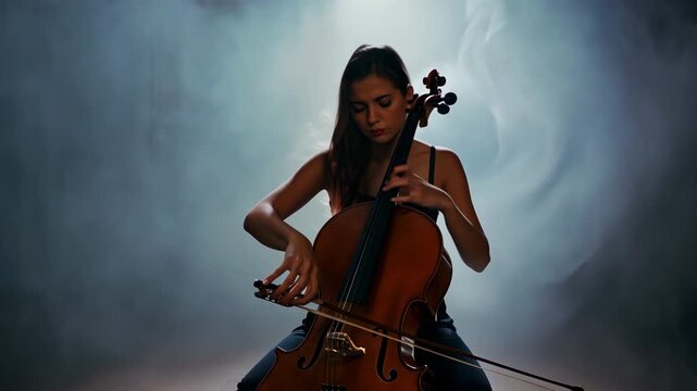 Instrumental live music concert. Classical musician. Musical performer play cello with bow at theatre stage. Cellist player solo perform. Elegant female artist silhouette. Beautiful professional girl.