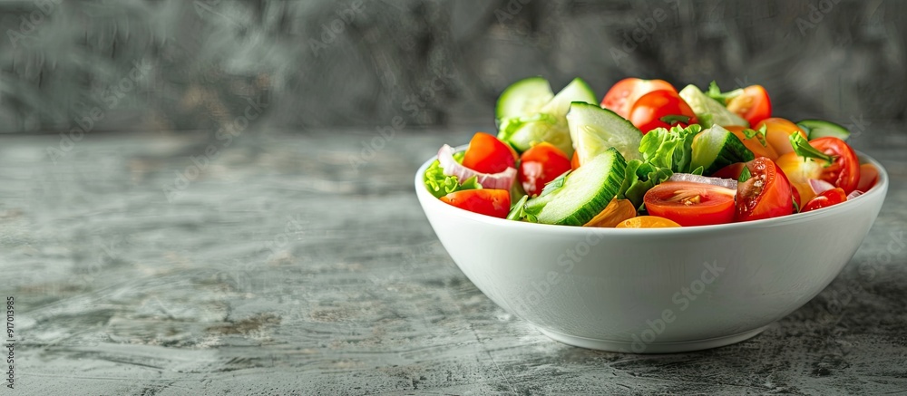 Sticker Fresh vegetable salad with tomato and cucumber in a bowl on a grey backdrop with copy space image