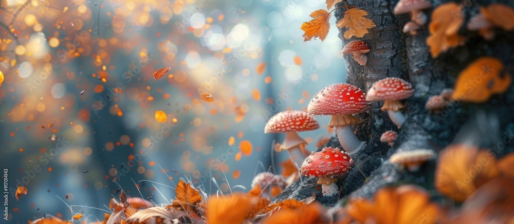 Poster autumn forest scene with mushrooms growing on a tree with copy space image