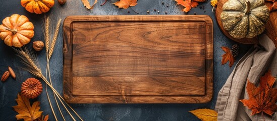 A fall themed setting for Thanksgiving featuring a blank wooden cutting board a cloth napkin pumpkins dried leaves wheat all on a dark rustic background in a top down arrangement with copy space imag