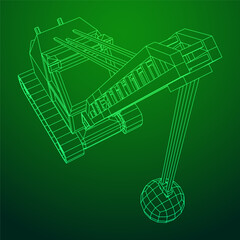 Wrecking ball excavator, demolition crane machine. Wireframe low poly mesh vector illustration