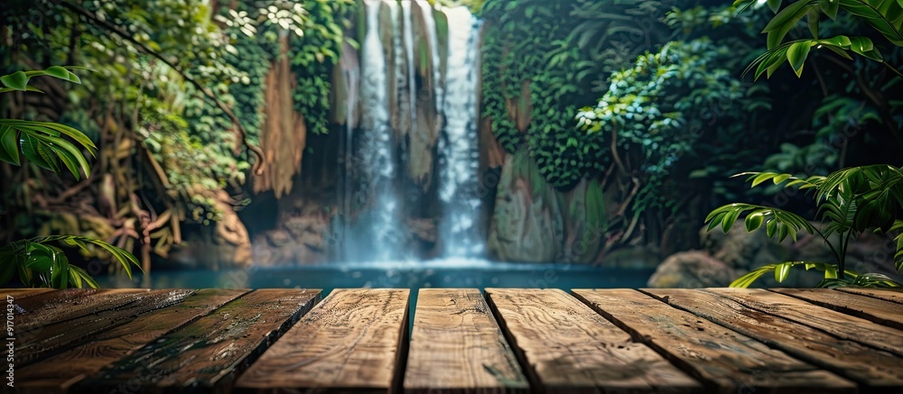 Sticker Wooden table top with a blurred tropical waterfall background offering copy space for ads