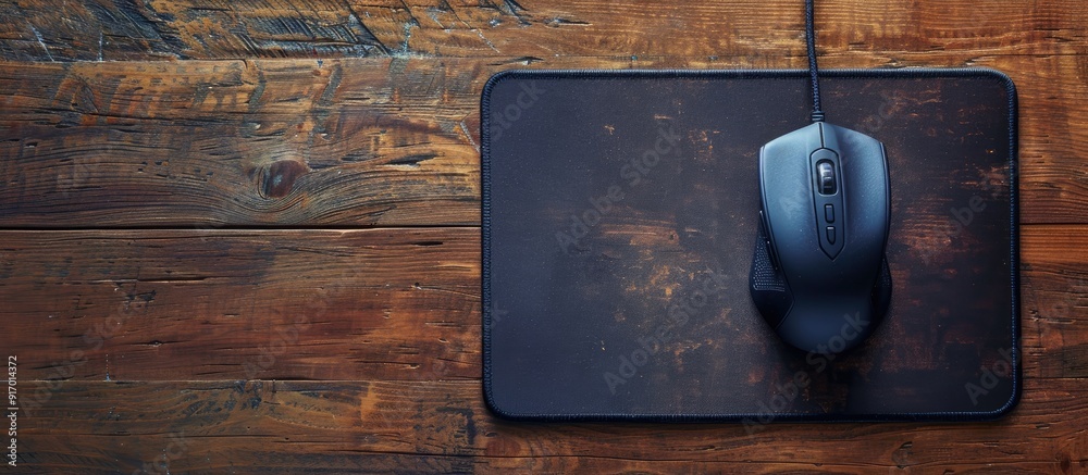 Poster top down view of a wired mouse on a mousepad placed on a lightly textured table with an area availab