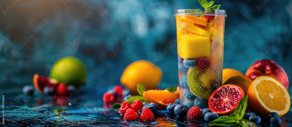 Poster fruits combo beverage with vibrant colors and a refreshing taste ideal for a copy space image