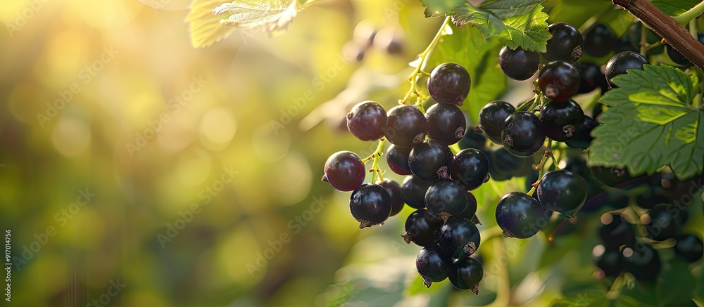 Poster Focus on the black currant berries with a fruited bush in the background set against a blurred background creating a shallow depth of field in the copy space image