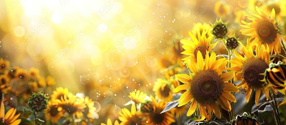 Sticker scenic view of sunflowers in the field with copy space image