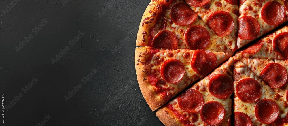 Aufkleber pizza topped with slices of spicy pepperoni shown in a copy space image