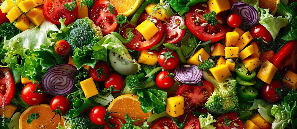 Poster vegan salad featuring a colorful assortment of fresh vegetables aromatic herbs and succulent mango c