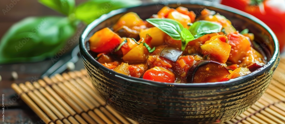 Poster close up image of stewed eggplant and tomato dishes on bamboo mat with shallow depth of field ideal 