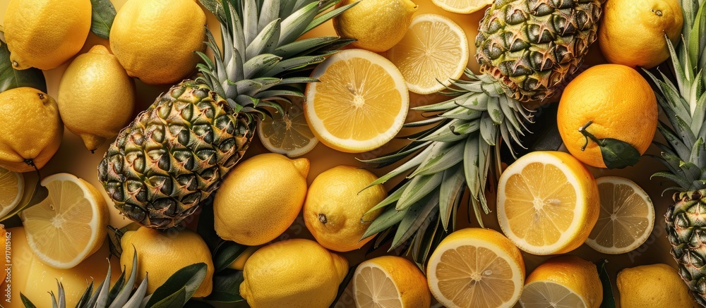Aufkleber fresh pineapples and lemons creating a seamless food background with copy space image