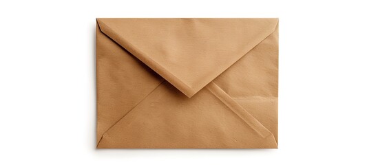 Isolated on a white backdrop a sealed envelope made of brown craft paper stands with a blank space for adding images. Copy space image. Place for adding text and design