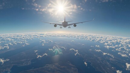 Fototapeta premium Airplane Flying Above Clouds with Sun in the Background