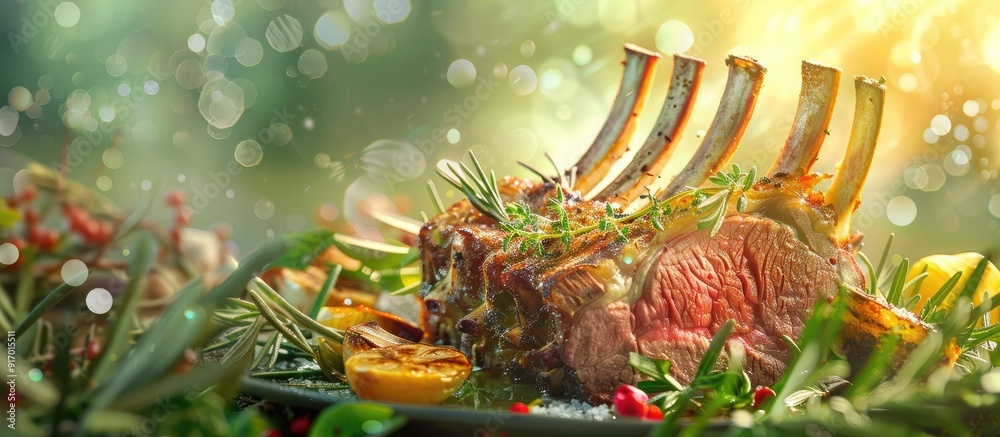 Poster A rack of lamb cooked in fragrant olive oil herbs and spices creating a mouthwatering dish with a beautiful presentation in a copy space image
