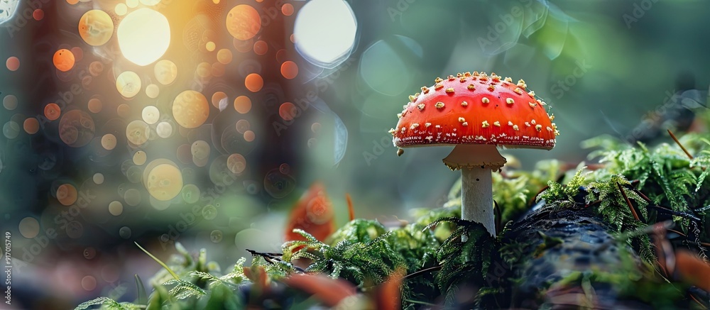 Poster Capturing detailed close up images of tiny fungi in the woods with a copy space image included