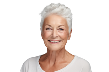 European elderly woman smiling on transparent background. Subjects related to old age. American women. Transparent background png cutouts. Retirement home. White women.