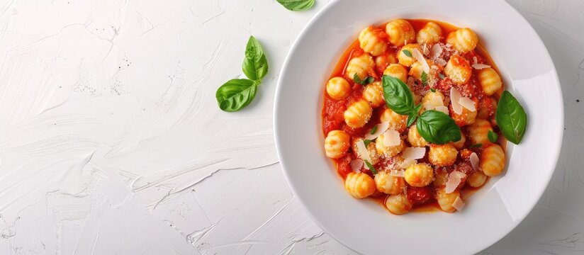 Gnocchi with tomato sauce and cheese presented on a white background ideal for a copy space image