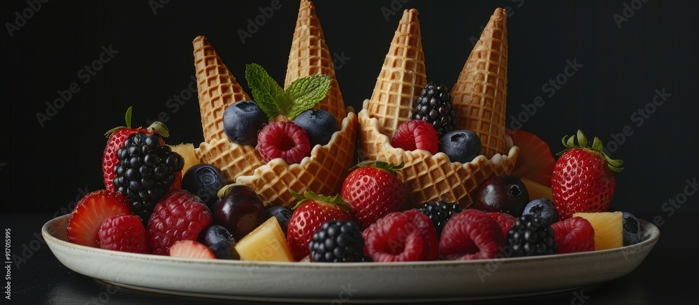 Poster waffle cones topped with fruit arranged on a ceramic plate against a black backdrop with copy space 