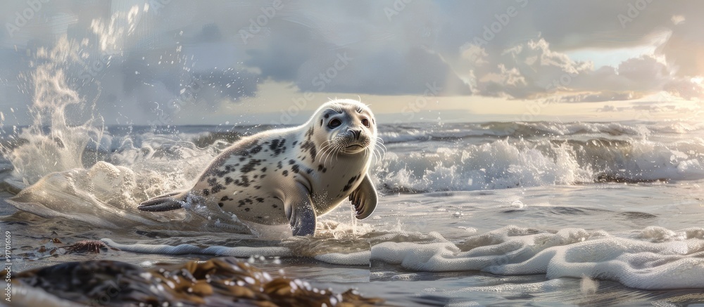 Poster a young harbor seal phoca vitulina is seen making its way from the beach into the ocean with a sceni