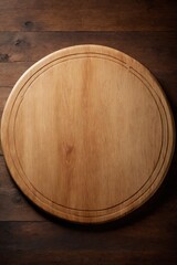 A beautifully crafted round wooden cutting board on a rustic table, illuminated by soft, warm lighting. The smooth surface and natural wood grain create a cozy, inviting kitchen atmosphere.
