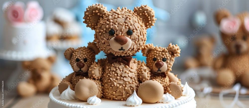 Poster adorable teddy bear decoration for cakes creating a delightful touch with copy space image