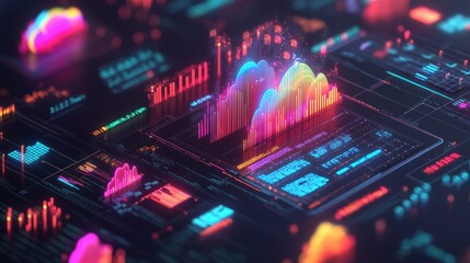 Fototapeta premium Abstract Digital Interface with Neon Lights and Data Visualizations