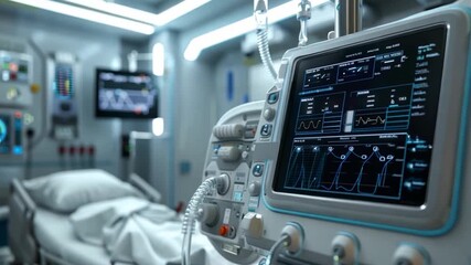 An intensive care unit (ICU) bed with cutting-edge life support systems and monitoring tools displayed against a white backdrop