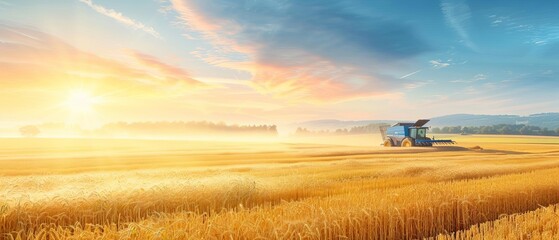 A peaceful farm during harvest, with farmers methodically setting up equipment amidst piles of freshly harvested crops