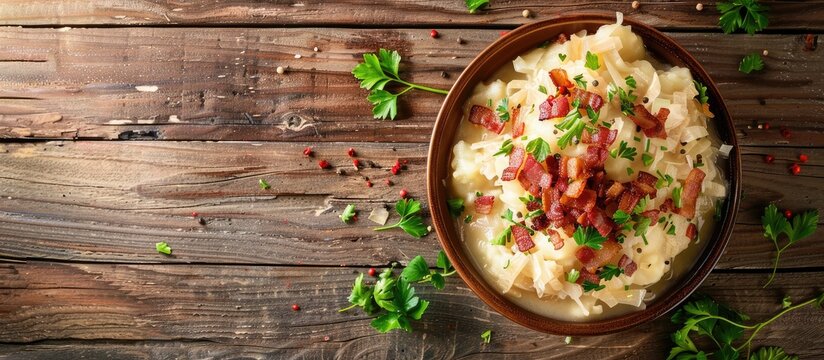 Top view of Slovak potato dumplings halusky served with steamed sauerkraut and bacon on a wooden table with copy space for adding text or images