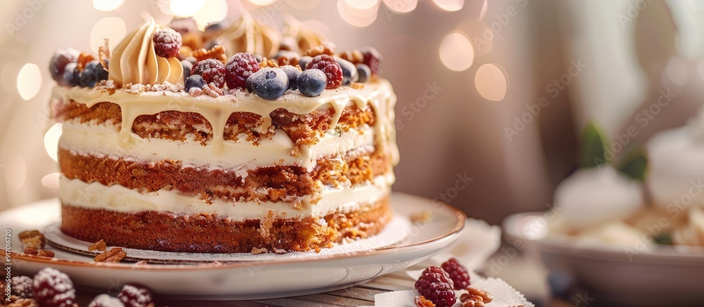 Poster close up view of a delicious homemade layered cake with copy space image