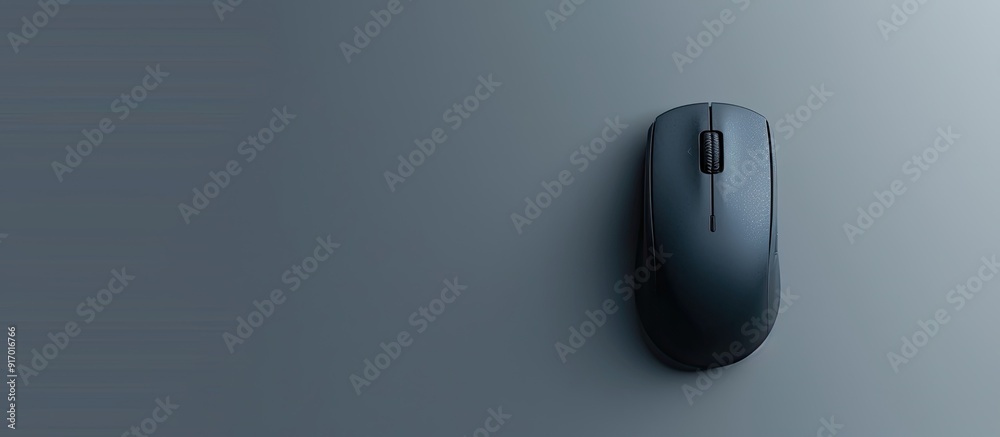 Poster an aerial view of a single wireless mouse with a mousepad on a gray backdrop providing ample copy sp