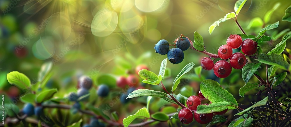 Poster fresh red bilberry on a bush with vibrant blueberry shrubs green leaves creating a healthy food back