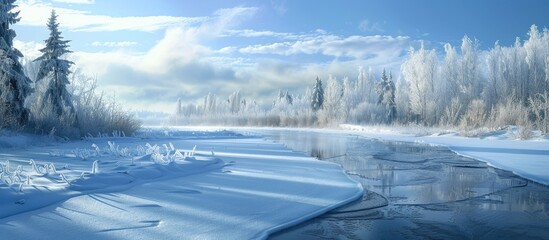 Frozen river in landscape scenery with melting ice offering a serene view with copy space image