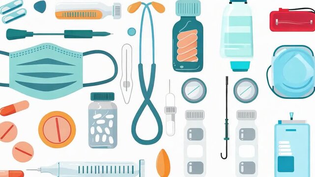 A vector illustration of diverse medical equipment, including a surgical mask, pill bottle, and otoscope, is isolated on a white background.