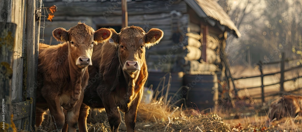 Poster Cows with brown fur on a farm showcasing a rustic setting with a copy space image