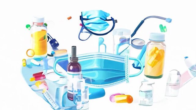 A vector illustration of diverse medical equipment, including a surgical mask, pill bottle, and otoscope, is isolated on a white background.